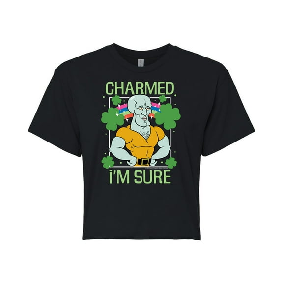 SpongeBob SquarePants - Charmed I'm Sure  - Juniors Cropped Cotton Blend T-Shirt