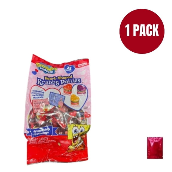 SpongeBob SquarePants Heart-Shaped Krabby Patties Gummy Candy with Friendship Exchange Stickers, 22 Pieces, Net Wt 7 oz (198 g) with Bonus ONUS LaPrima Morceau Bonbon