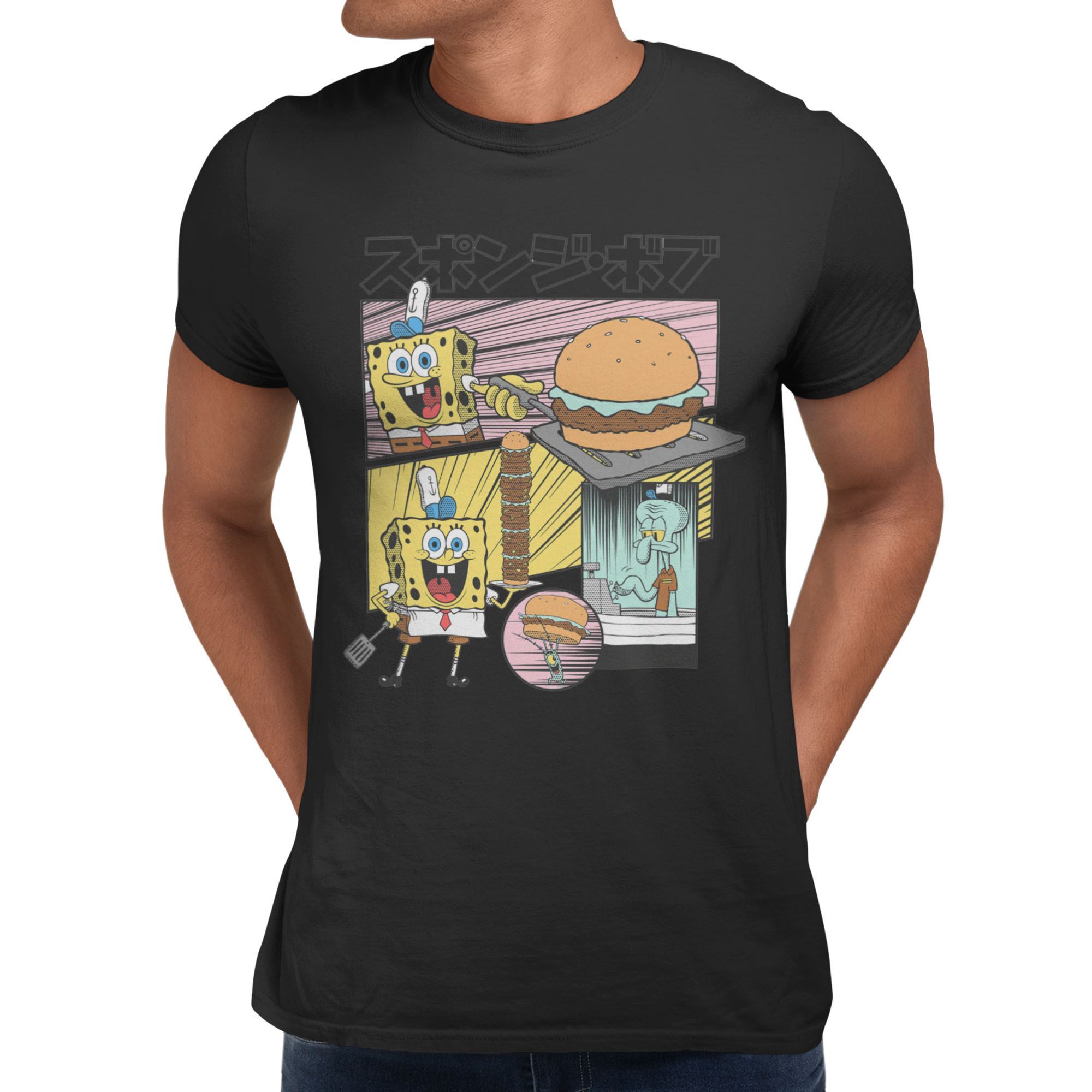Camiseta Kawaii de SpongeBob SquarePants Krabby Patties para Hombre (Negro, S-XXXL)