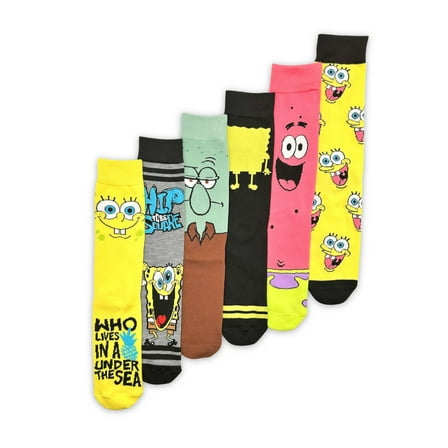 SpongeBob SquarePants Men's Casual Crew Socks, 6-Pack, Size 8-12