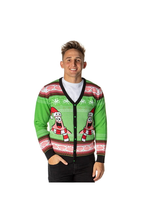 SpongeBob SquarePants Men's Santa Patrick Star Ugly Sweater Button-Up Knit Cardigan