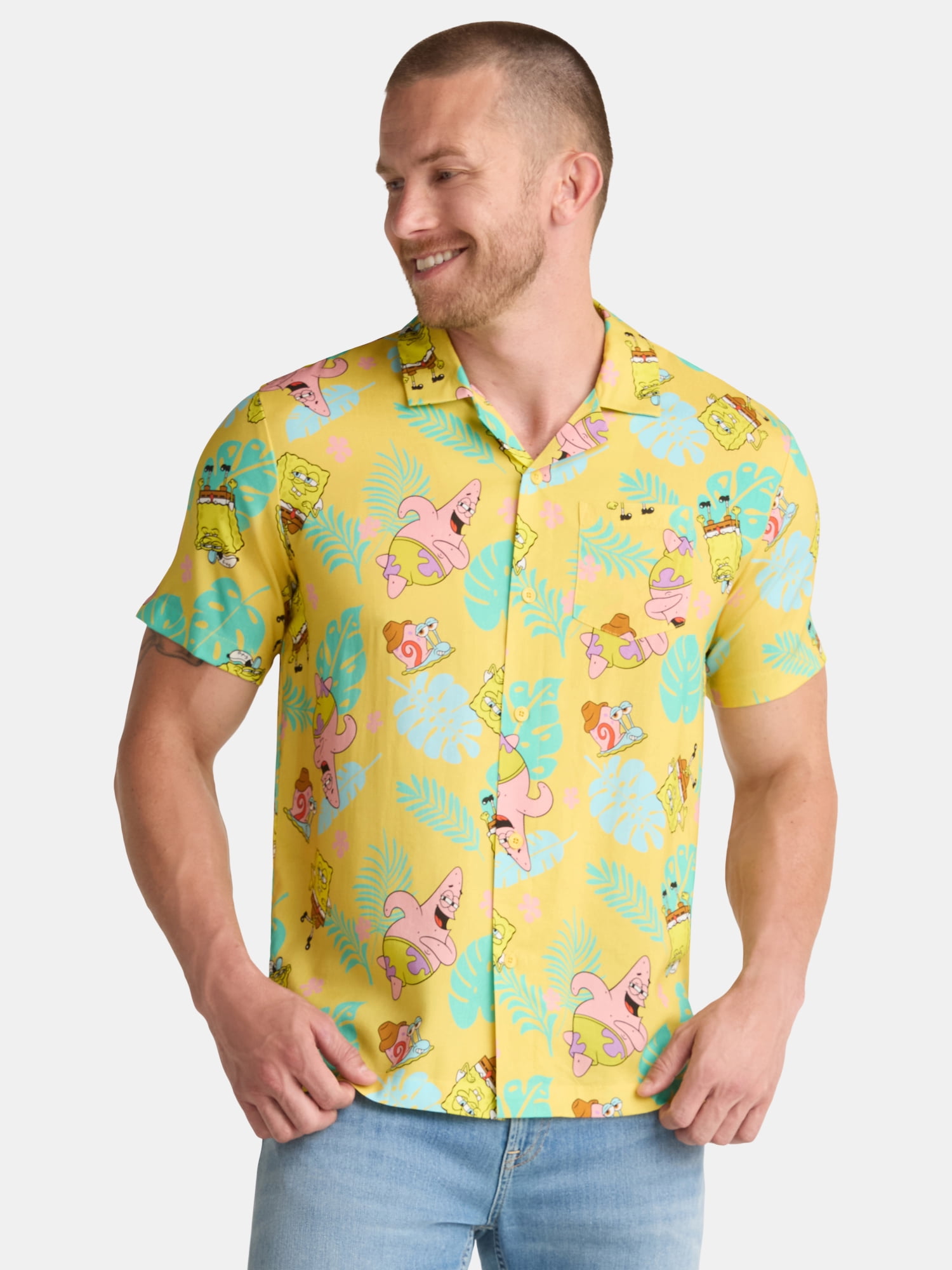 SpongeBob SquarePants Men's and Big Men's Graphic Button Up Shirt, Sizes S-3XL