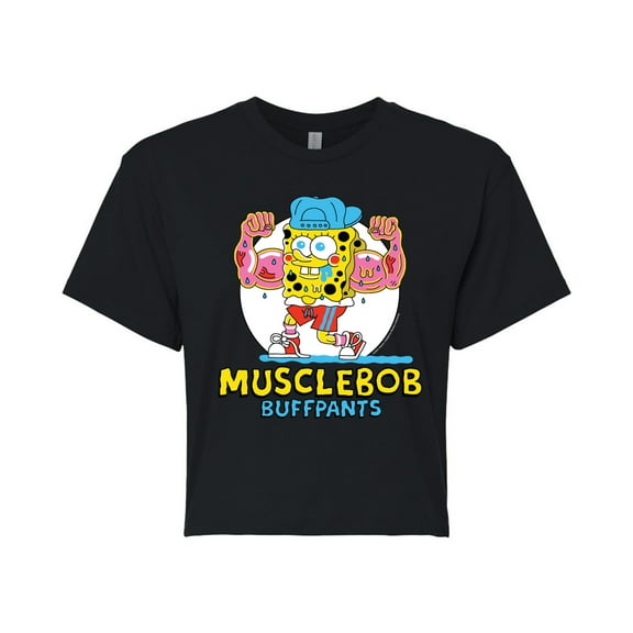 SpongeBob SquarePants - Musclebob Buffpants - Juniors Cropped Cotton Blend T-Shirt