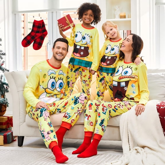 SpongeBob SquarePants Toddler Christmas Pajamas Family Matching Pjs Holiday Sleepwear Top and Pants Set with Socks Girls Boys Pjs 3-4Y