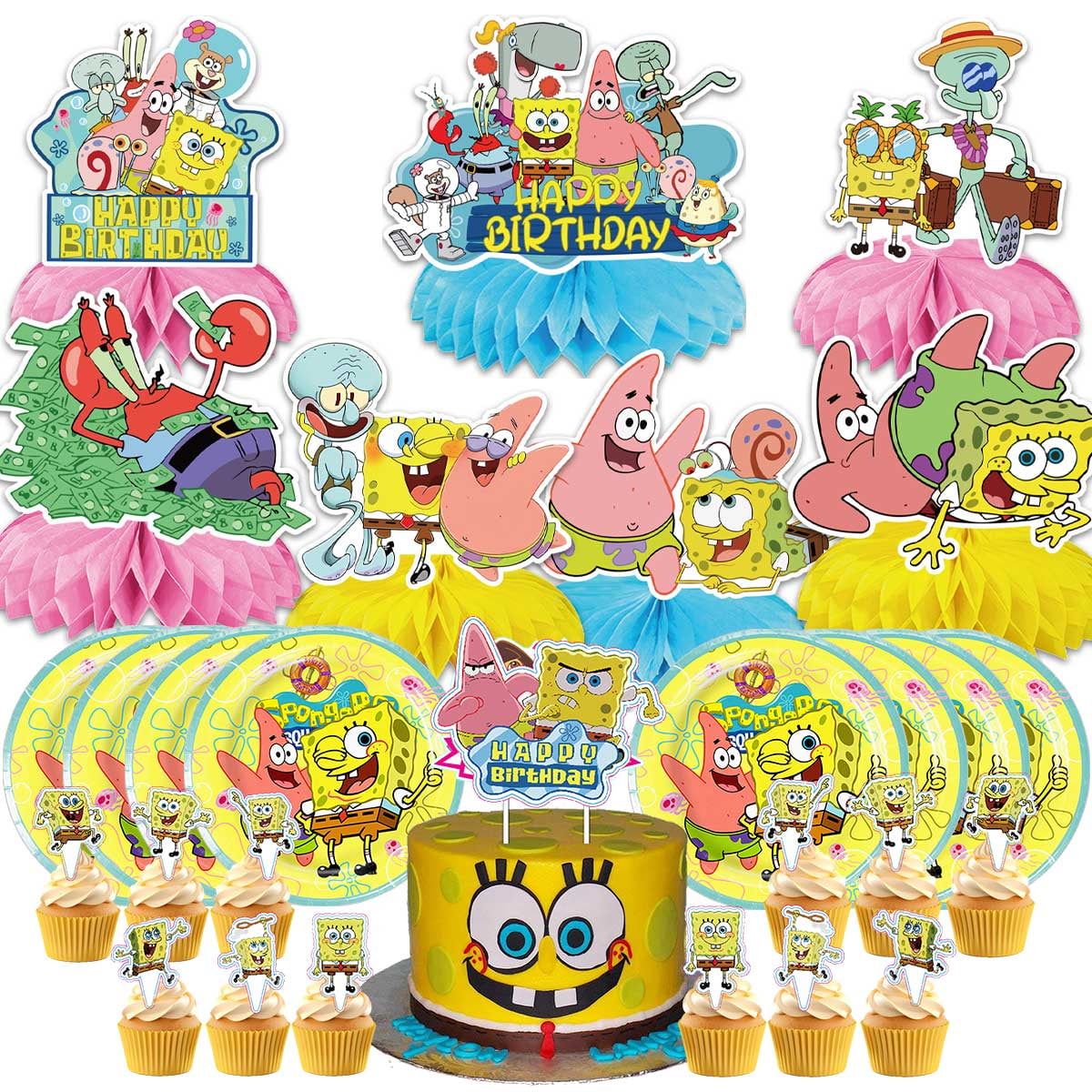 SpongeBob SquarePants Party Supplies Decor Plates Fans Decorations Honeycomb Centerpieces Cake Toppers