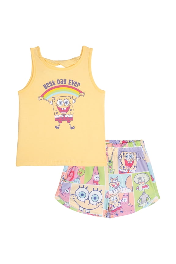 Little Girls' Sleeveless Tank Top and Mesh Shorts 2-Piece Outfit Set Yellow SpongeBob SquarePants and Friends