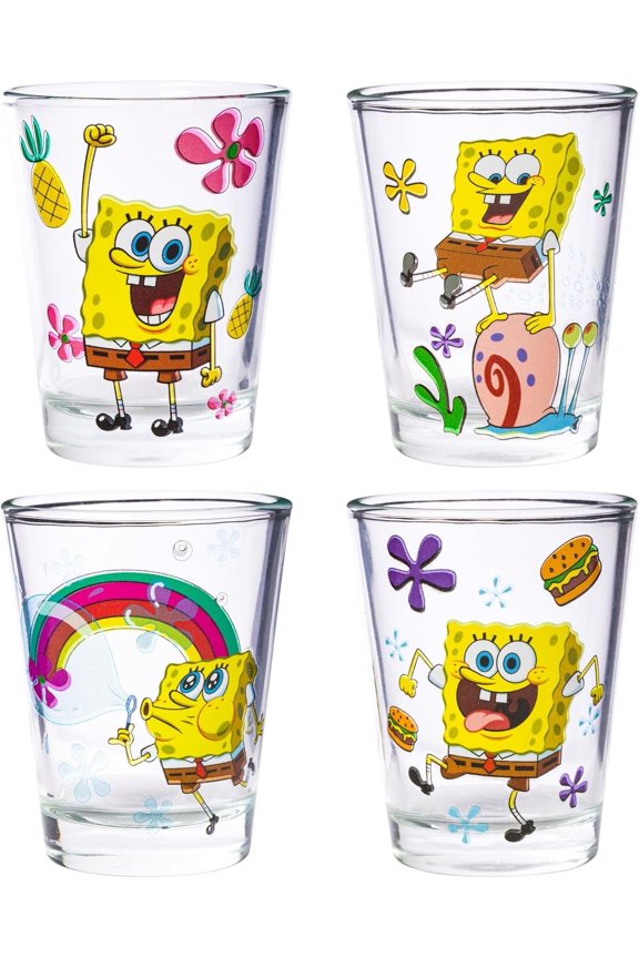 SpongeBob SquarePants Featuring Gary Poses Floral Krabby Patty 4 Pack Mini Glass Set, 1.5 Ounces