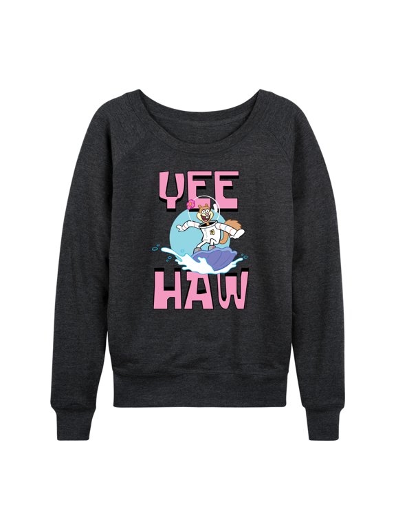 - Sandy Cheeks Women's Lightweight French Terry Wide Neck Long Sleeve Graphic Shirt