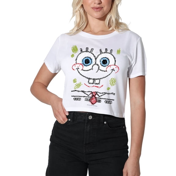 SpongeBob SquarePants SpongeBob Scribble Smile Women's Crop Top T-Shirt, White, X-Large