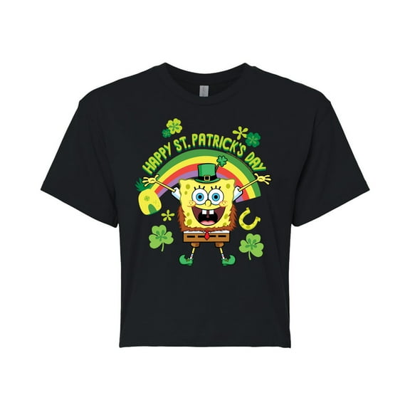 SpongeBob SquarePants - Spongebob Happy St. Patricks Day - Juniors Cropped Cotton Blend T-Shirt