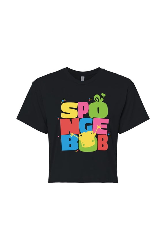 - Spongebob Lettering - Juniors Cropped Cotton Blend T-Shirt