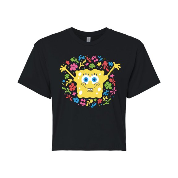 SpongeBob SquarePants - Spongebob Pattern - Juniors Cropped Cotton Blend T-Shirt