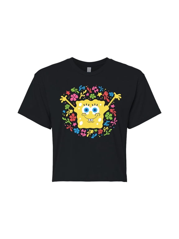 - Spongebob Pattern - Juniors Cropped Cotton Blend T-Shirt