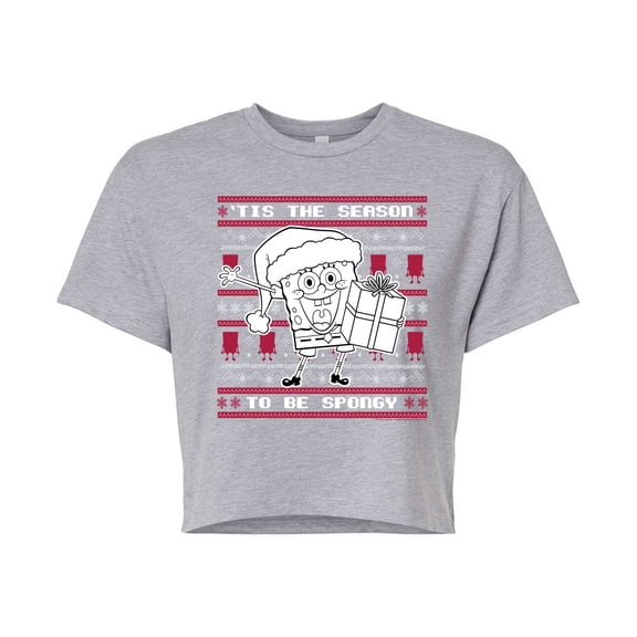 SpongeBob SquarePants - Spongebob Xmas Sweater - Juniors Cropped Cotton Blend T-Shirt