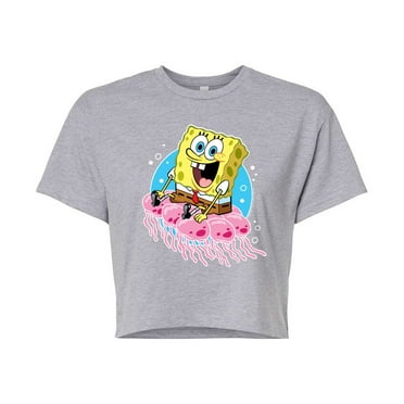 SpongeBob SquarePants - Spongebob and Jellyfish - Juniors Cropped Cotton Blend T-Shirt