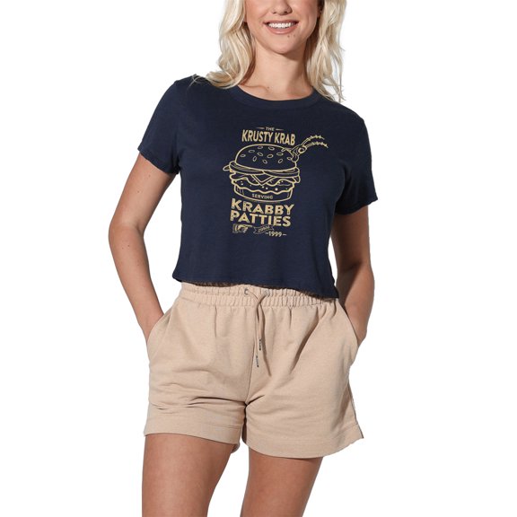 SpongeBob SquarePants The Krusty Krab Shock Mono Women's Crop Top T-Shirt, Navy, Small
