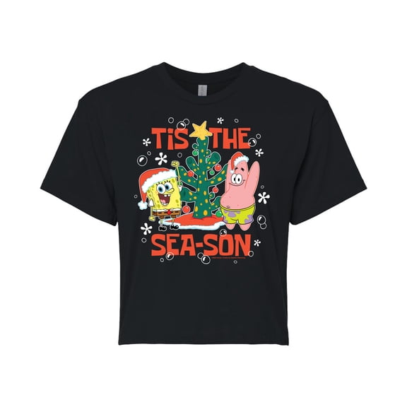 SpongeBob SquarePants - Tis The Season - Juniors Cropped Cotton Blend T-Shirt