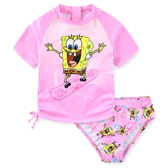 SpongeBob SquarePants UPF 50+ Rash Guard Shirt and Bikini Bottom Two Piece Swimsuit Set (Girls), Sizes 3T-8