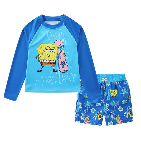 SpongeBob SquarePants UPF 50+ Rash Guard and Swim Trunks Shorts Swimwear Set (Boys), 2 Piece Set, Sizes 4-7