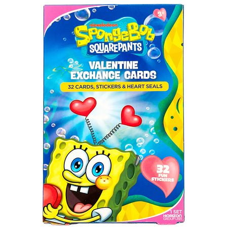 SpongeBob SquarePants Valentine 32 Exchange Cards with Stickers and Heart Seals
