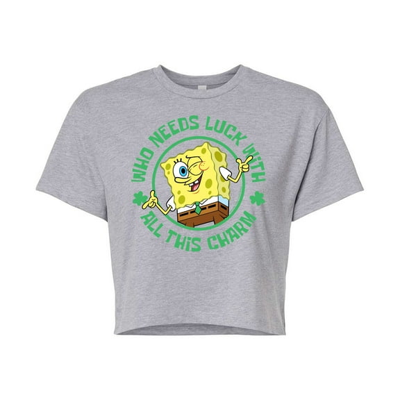 SpongeBob SquarePants - Who Needs Luck With This Charm - Juniors Cropped Cotton Blend T-Shirt