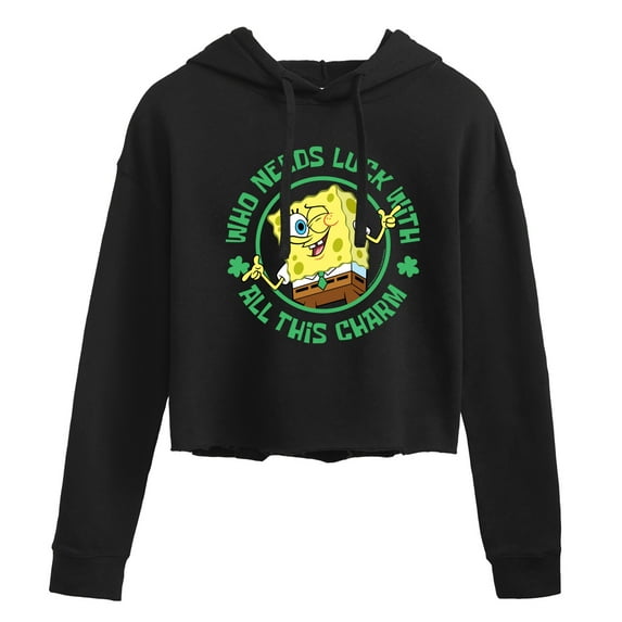 SpongeBob SquarePants - Who Needs Luck With This Charm - Juniors Cropped Pullover Hoodie