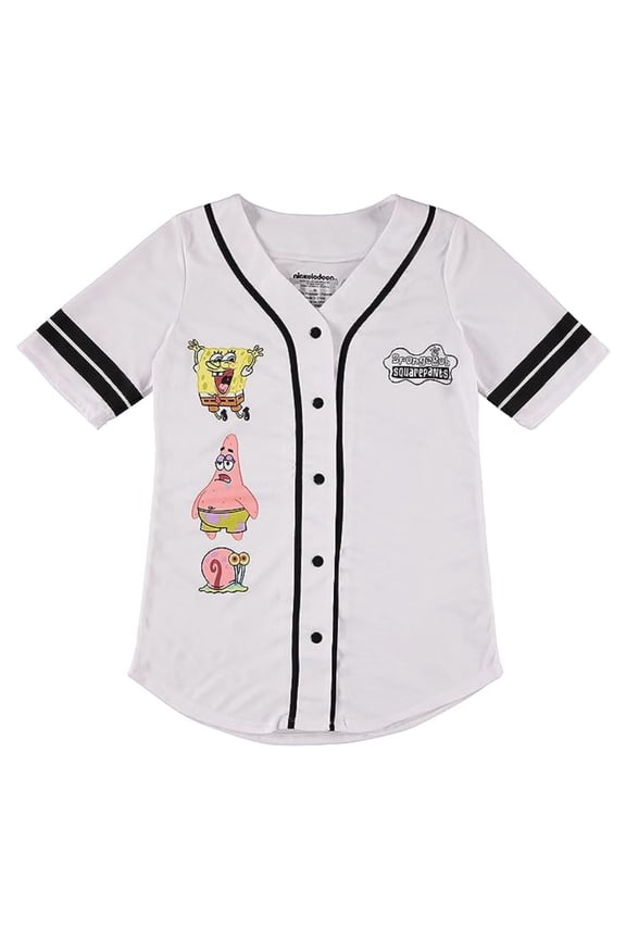 Women's Baseball Shirt, Graphic Print SpongeBob Baseball Jersey White - L