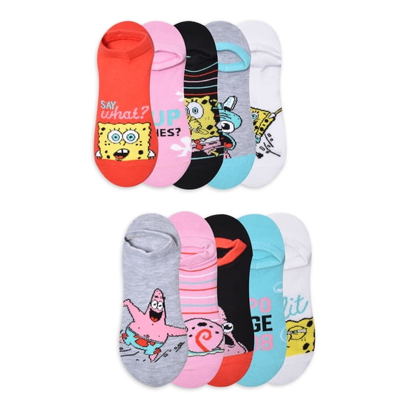 SpongeBob SquarePants Women's Graphic Super No Show Socks, 10-Pack, Shoe Size 4-10
