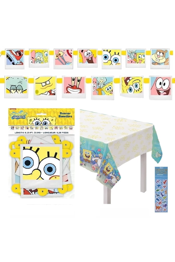 SpongeBob Squarepants Birthday Party Supplies Decoration Bundle Pack includes 1 Jointed Banner, 1 Plastic Table Cover, 1 Dinosasur Sticker Sheet