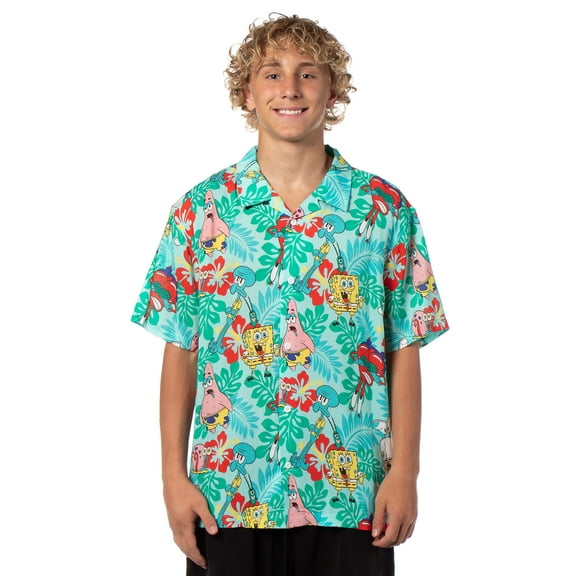 SpongeBob Squarepants Men's Character Hawaiian Floral Button-Up Short Sleeve Woven Shirt