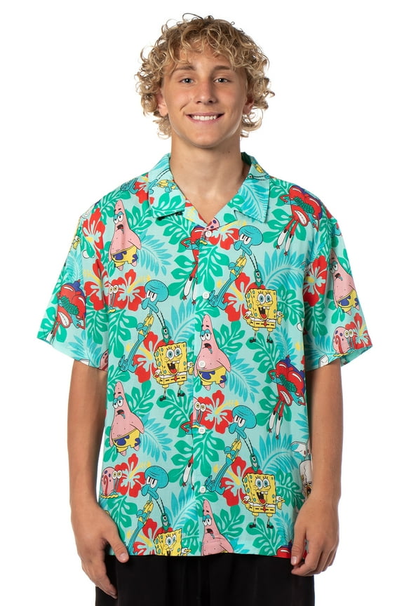SpongeBob Squarepants Men's Character Hawaiian Floral Button-Up Short Sleeve Woven Shirt