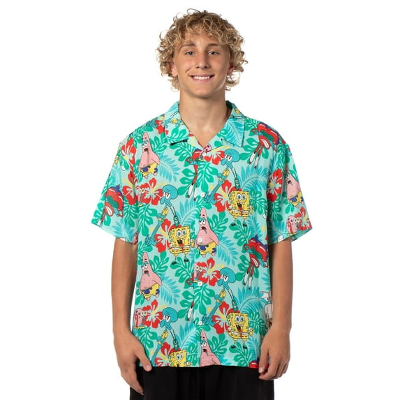 SpongeBob Squarepants Men's Character Hawaiian Floral Button-Up Short Sleeve Woven Shirt