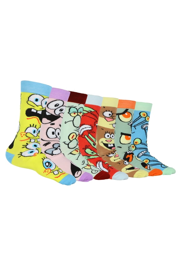 SpongeBob Squarepants Socks Men's Allover Character Designs 7-Pair Adult Crew Sock Set