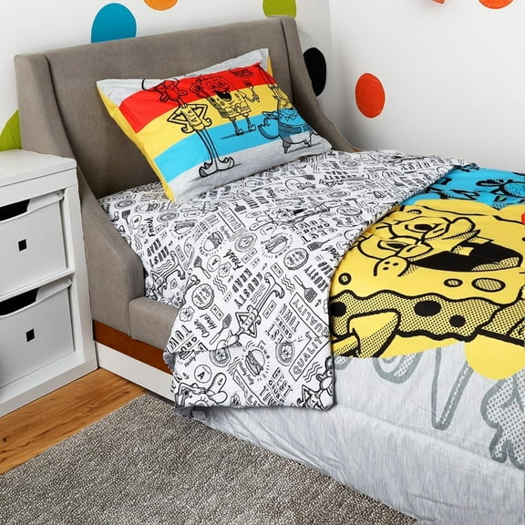 SpongeBob Squarepants Twin Bedding Set 4 Piece Kids Set with Comforter, Fitted Sheet, Flat Sheet & Pillowcase