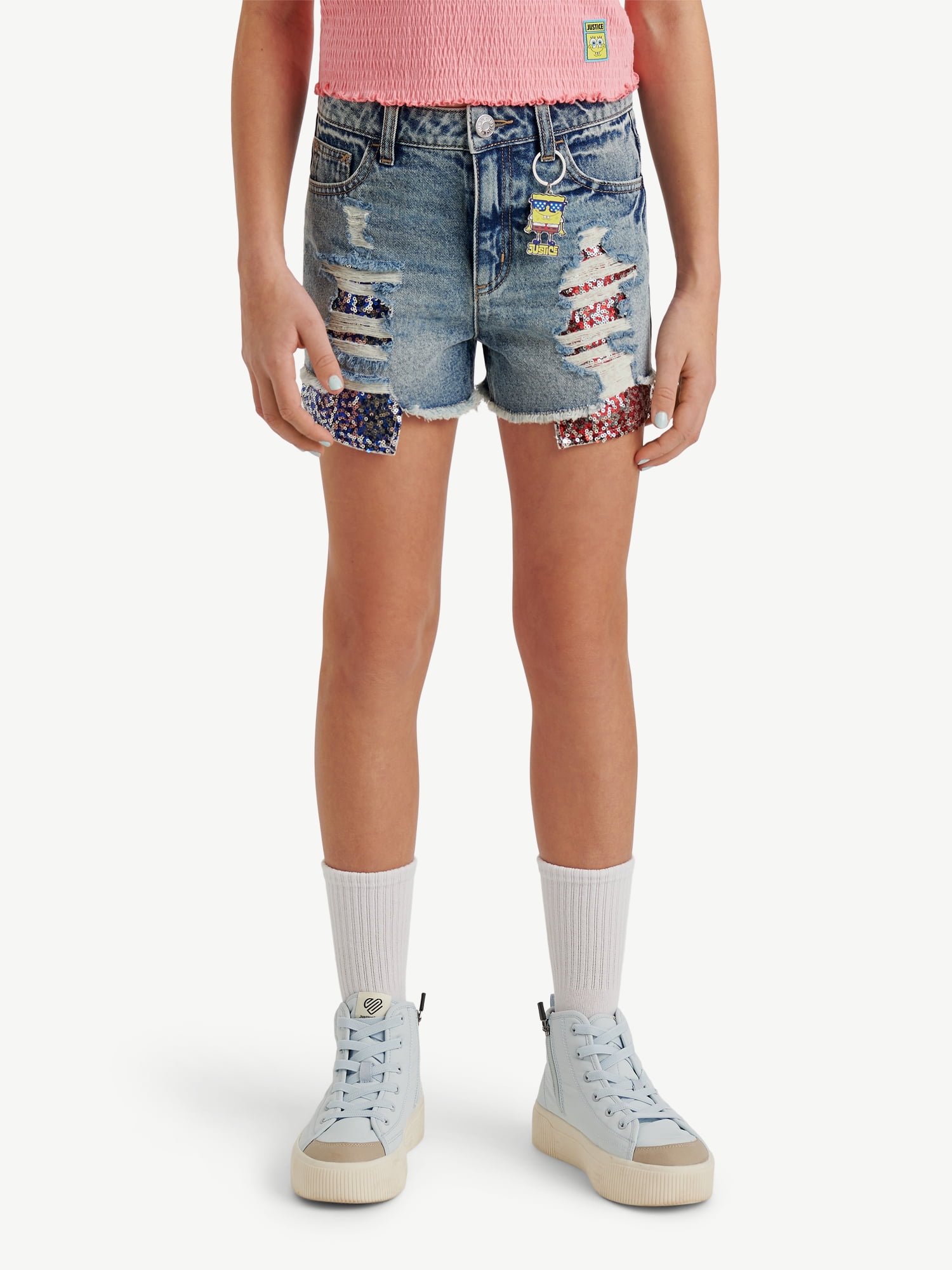 SpongeBob X Justice Girls Sequin Denim Short, Sizes 6-18, Slim & Plus