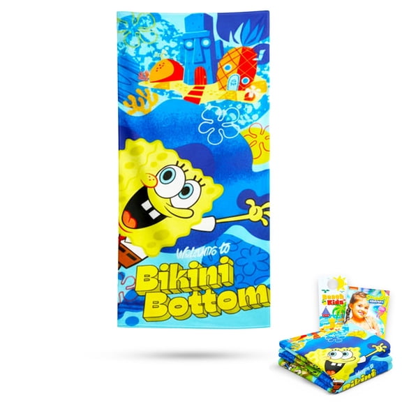 Spongebob Beach Towel Set - Bundle with 27" x 54" Bikini Bottom Microfiber Pool Towel Plus Tattoos, More | Spongebob Beach Towel for Kids, Adults