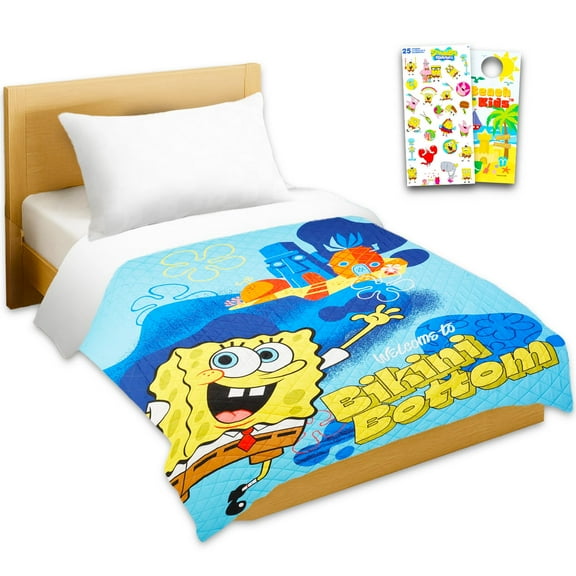 Spongebob Bedspread Twin Set for Kids - Bundle with Quilted Bedspread for Full Bed Plus Stickers, More | Spongebob Twin Bedding Set for Boys, Girls