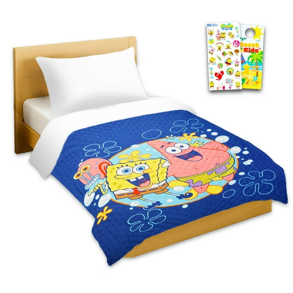Spongebob Bedspread Twin Set for Kids - Bundle with Quilted Bedspread for Full Bed Plus Stickers, More | Spongebob Twin Bedding Set for Boys, Girls
