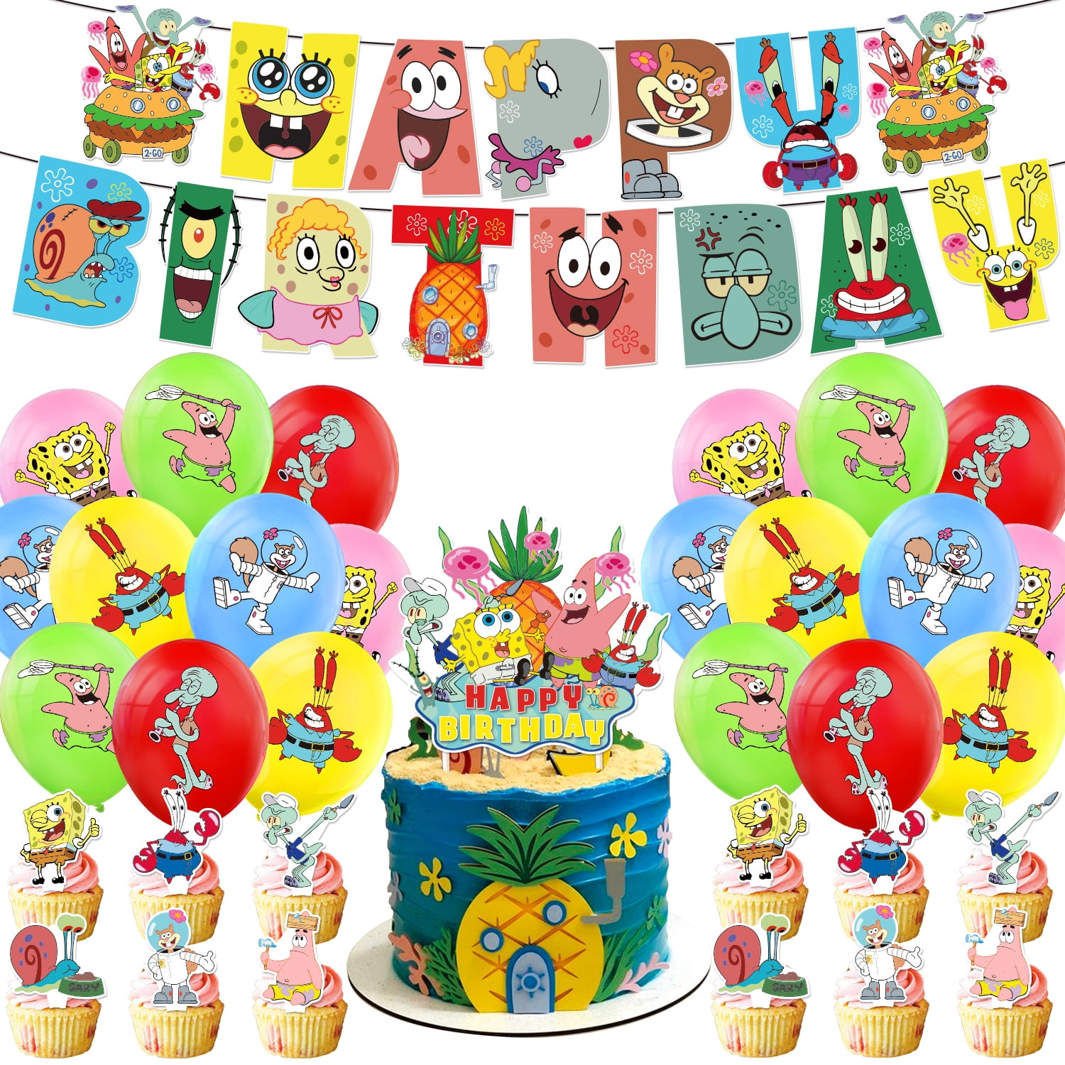 WOLINGYU Spongebob Birthday Party Decorations, 48Pcs Spongebob Birthday Party Supplies Favors Set Include Happy Birthday Banner, Cake Cupcake Toppers, Latex Balloons for Kids Boys and Girls