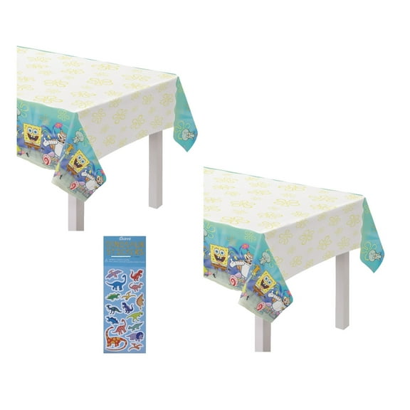 Spongebob Birthday Party Supplies Bundle Pack Includes 2 Paper Table Covers 54" x 96" and 1 Dinosaur Sticker Sheet