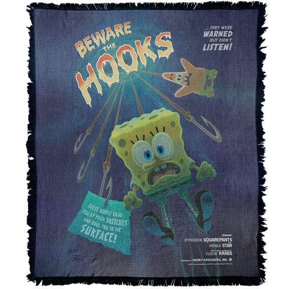 Spongebob Blanket, 50'x60' Beware The Hooks Woven Tapestry Cotton Blend Fringed Throw Blanket