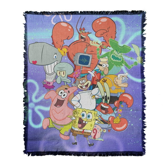 Spongebob Blanket, 50"x60" Spongebob Character Group Woven Tapestry Cotton Blend Fringed Throw Blanket
