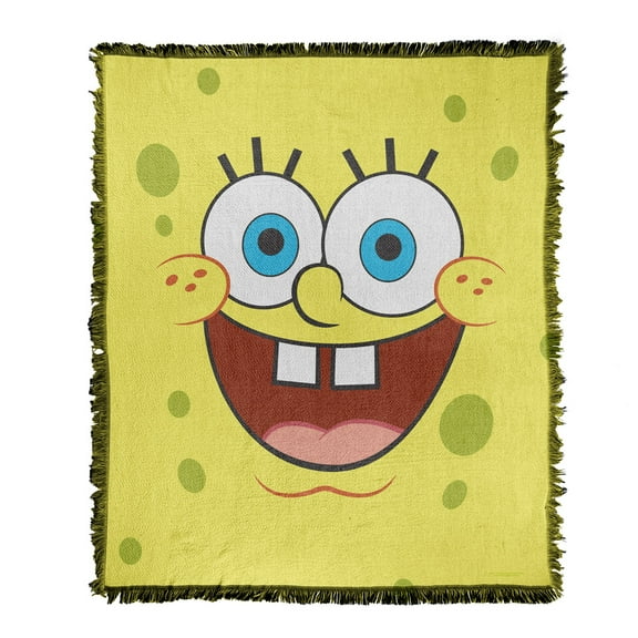 Spongebob Blanket, 50"x60" Spongebob Goofy Smile Face Woven Tapestry Cotton Blend Fringed Throw Blanket