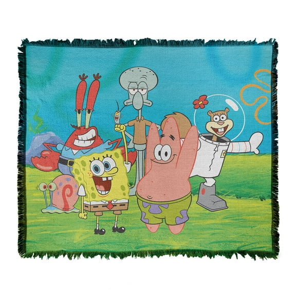 Spongebob Blanket, 50"x60" Spongebob Group Scene Woven Tapestry Cotton Blend Fringed Throw Blanket