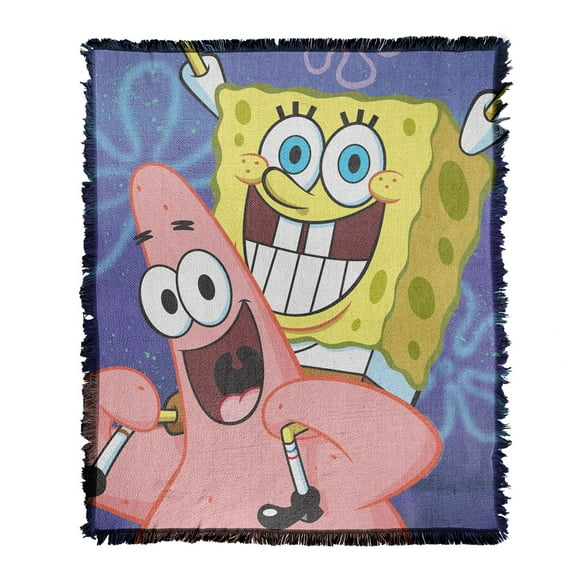 Spongebob Blanket, 50"x60" Spongebob and Patrick Cropped Woven Tapestry Cotton Blend Fringed Throw Blanket