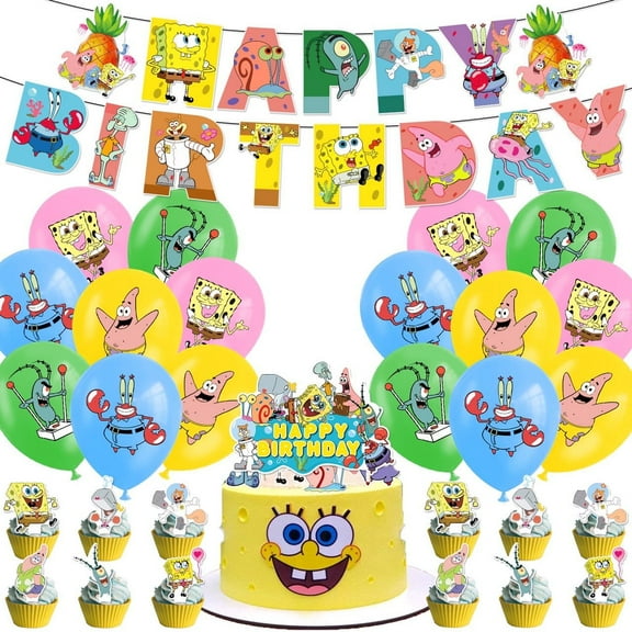 Sponge-bob Cartoon Theme Birthday Party Decorate Supplies Set for Boys and GirlsInclude Happy Birthday Banner, Cake Topper, Cupecake Toppers, Latex Balloons
