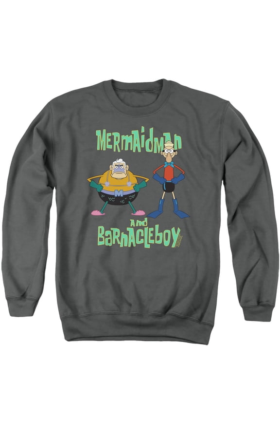 Spongebob Mermaid Man And Barnacle Boy Unisex Adult Crewneck Sweatshirt (Small) Charcoal
