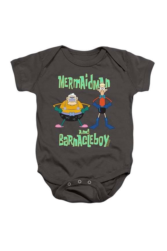 Spongebob Mermaid Man And Barnacle Boy Unisex Infant Snap Suit for Baby (24 Months) Charcoal