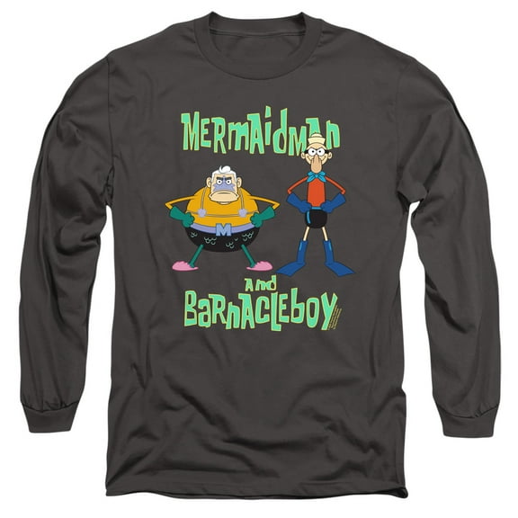 Spongebob Mermaid Man and Barnacle Boy Unisex Adult Long-Sleeve T Shirt (3X-Large) Charcoal