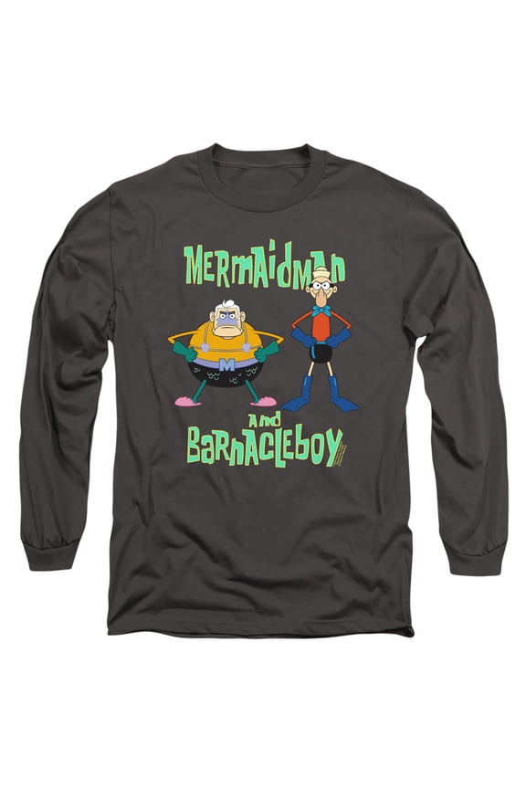 Spongebob Mermaid Man and Barnacle Boy Unisex Adult Long-Sleeve T Shirt (Small) Charcoal